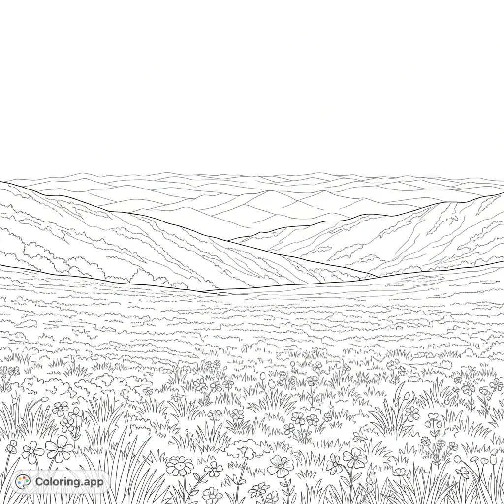A serene coloring page featuring a vast meadow dotted with wildflowers, leading to multiple receding tiers of mountains under an open sky.