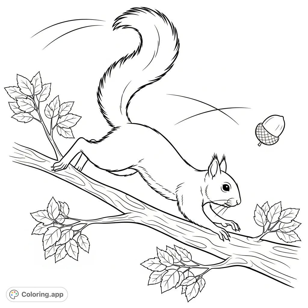 A lively coloring page featuring a squirrel caught mid-jump between tree branches, with an acorn suspended in the air. Dynamic motion lines enhance the energetic scene.