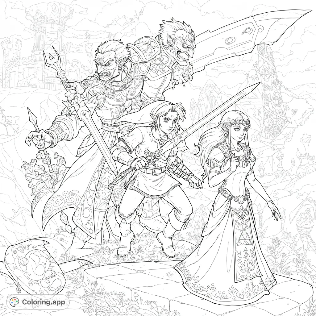 Epic fantasy adventure featuring a hero, princess, and formidable villains amidst ancient ruins. Intricate details for all ages.