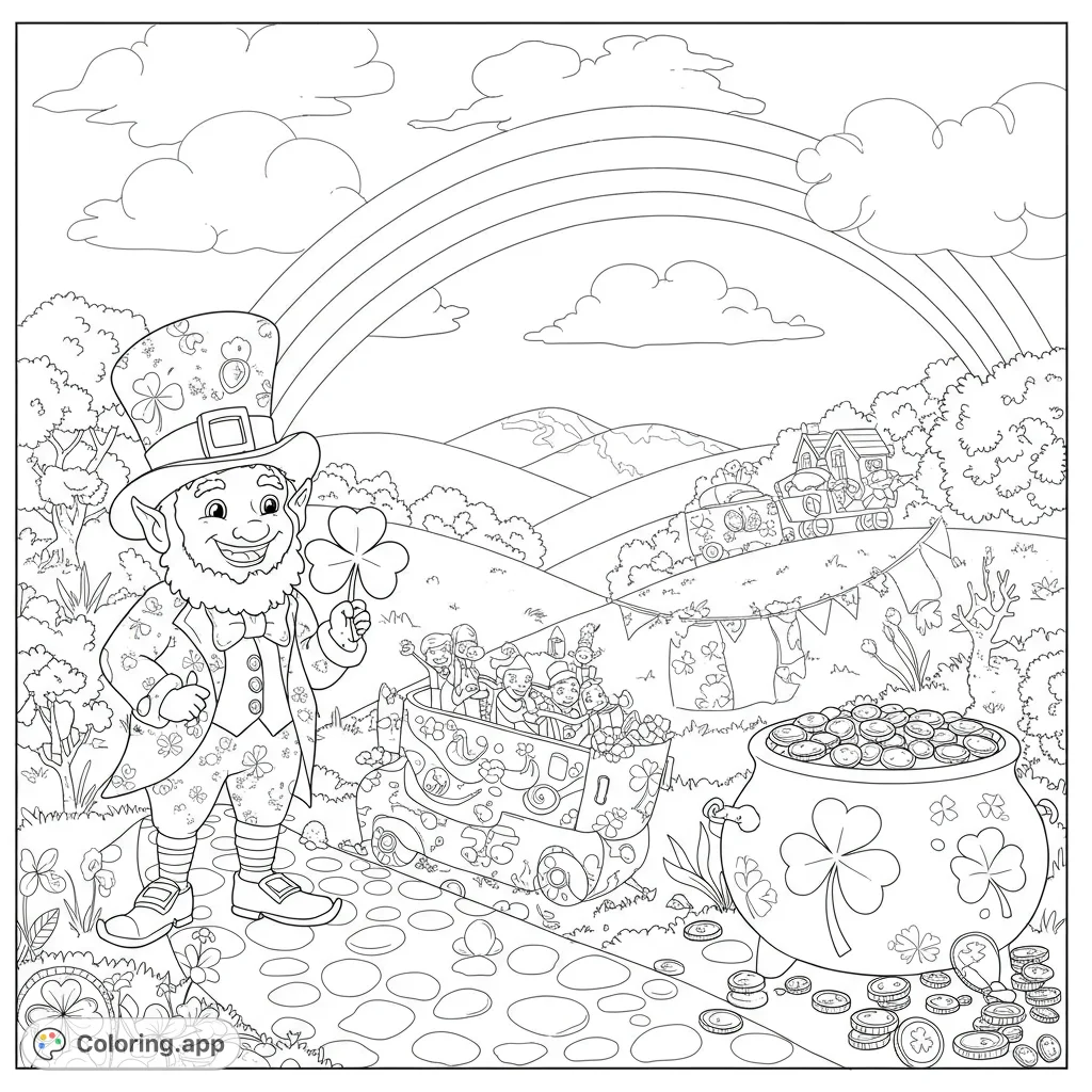 Celebrate St. Patrick's Day with a cheerful leprechaun, a train of kids, a pot of gold, and a vibrant rainbow.