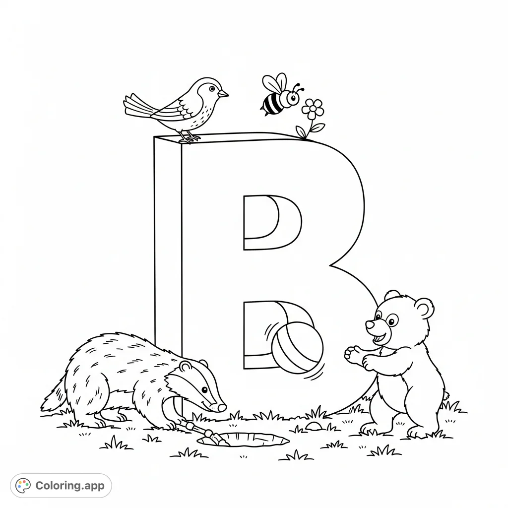 Explore the Letter B with a badger digging, a bear cub playing, a bird perching, and a bee buzzing near a flower in a delightful field scene.