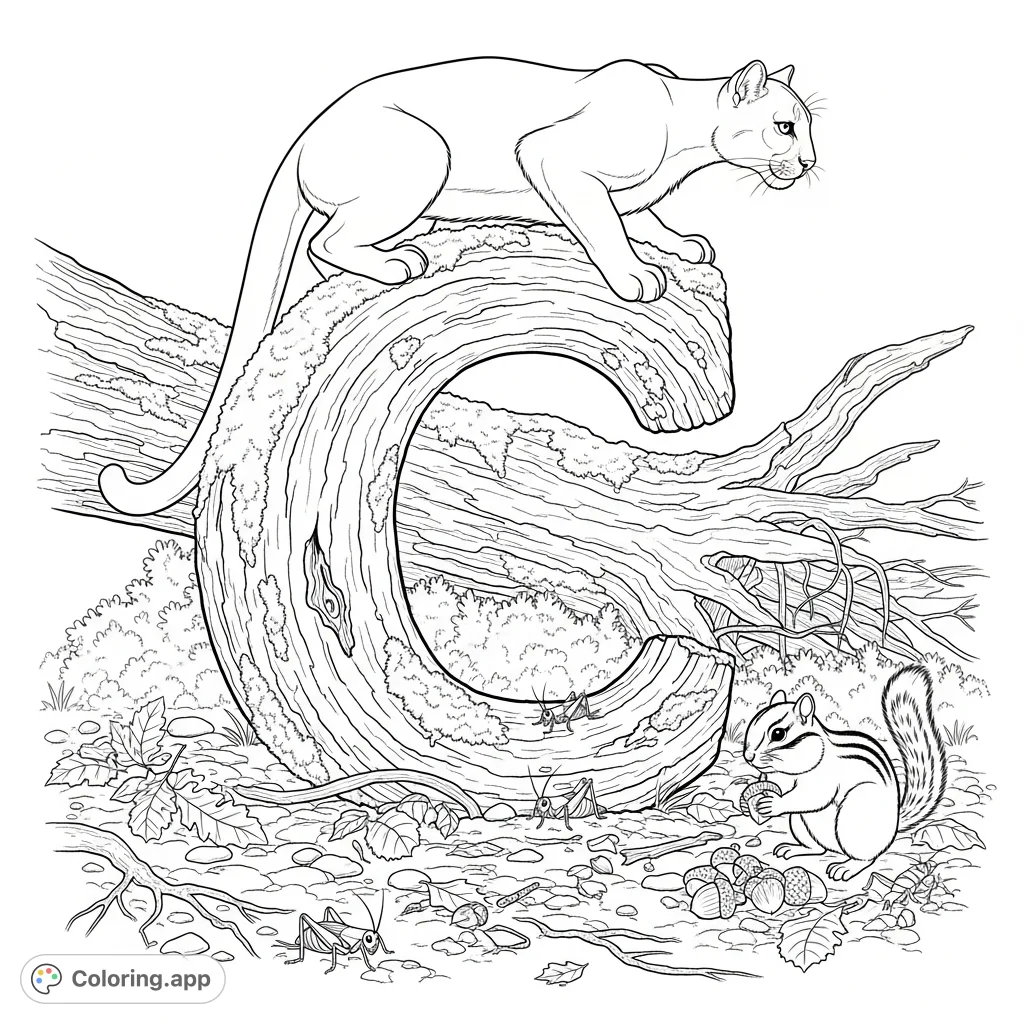 Explore a unique alphabet coloring page featuring a moss-covered letter C. A cougar surveys the scene, a chipmunk gathers nuts, and crickets hide in forest debris.