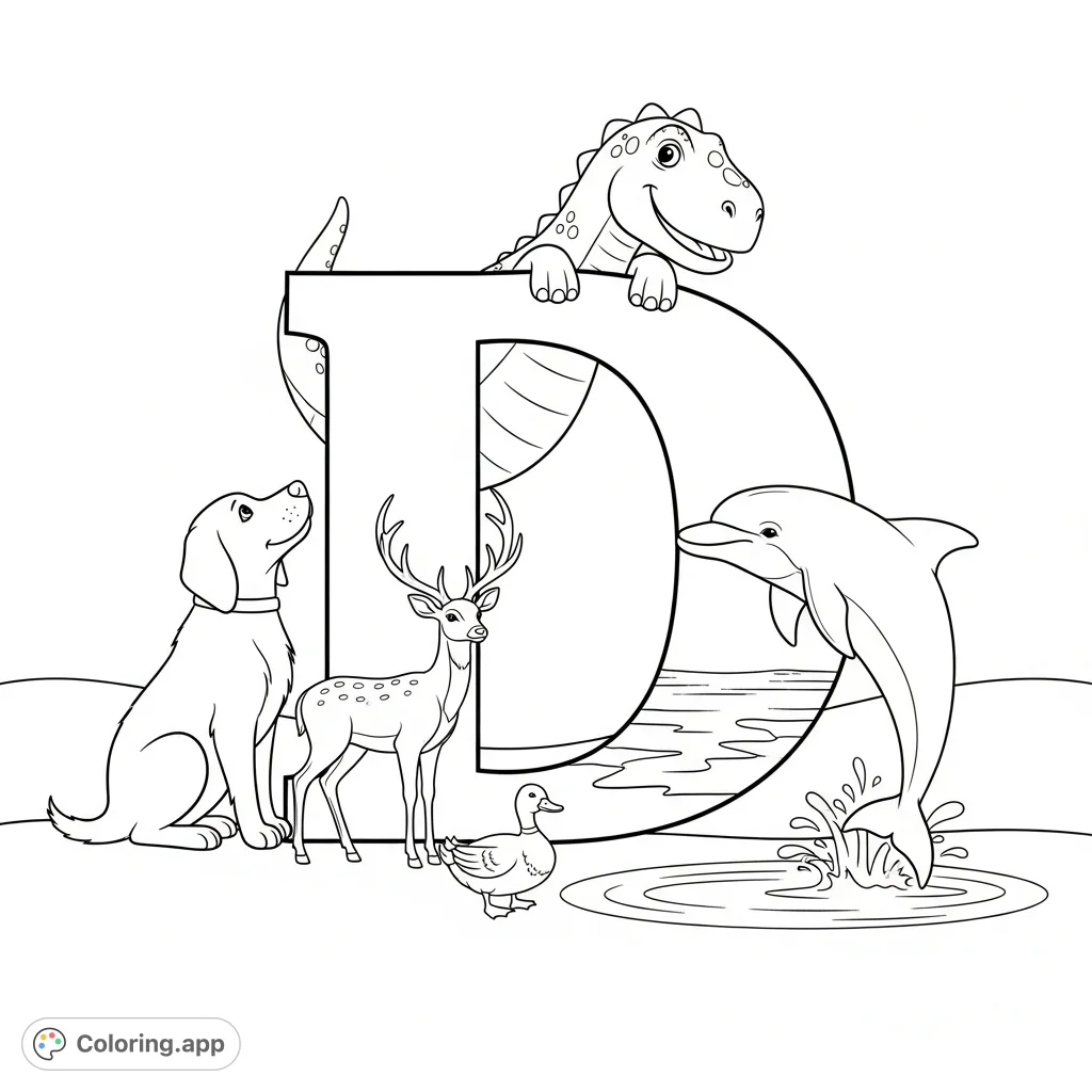 An engaging letter D coloring page featuring a dog, dinosaur, duck, deer, and dolphin for fun ABC learning and creative expression.