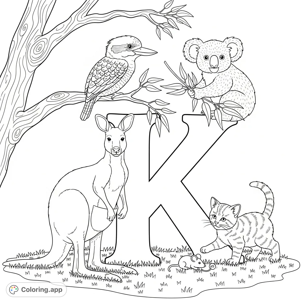 Explore the letter K with a kangaroo, koala, kitten, and kookaburra on a textured grass patch. A delightful alphabet coloring page for kids!