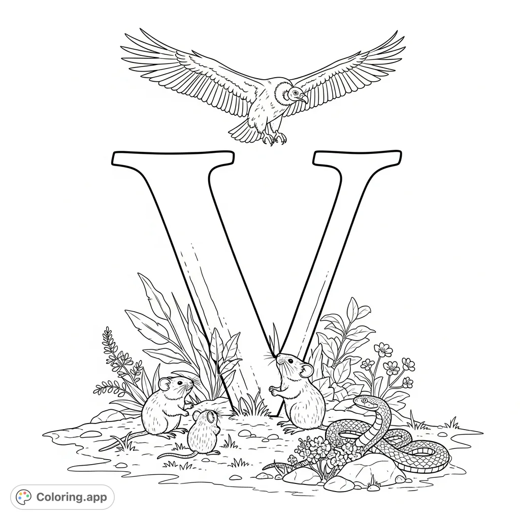 A captivating V is for Vulture coloring page! Features a capital V, soaring vulture, curious voles, and a camouflaged viper in a lively clearing.