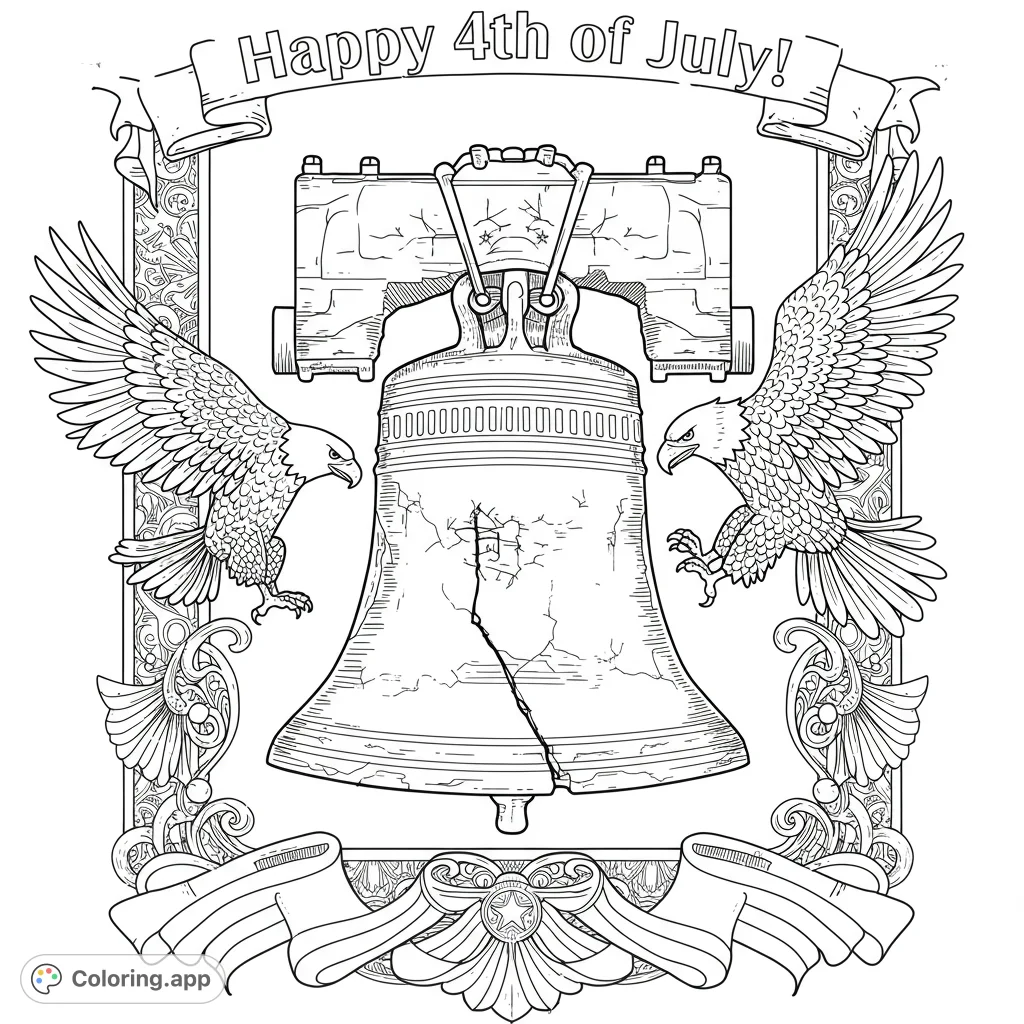 A majestic Liberty Bell flanked by two soaring bald eagles, framed by intricate patriotic scrollwork and banners, perfect for celebrating freedom.