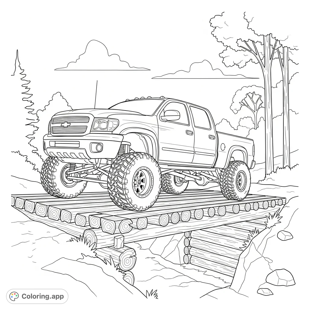 A powerful lifted pickup truck crosses a rugged log bridge amidst a serene, minimal forest. Perfect for vehicle enthusiasts and nature lovers.