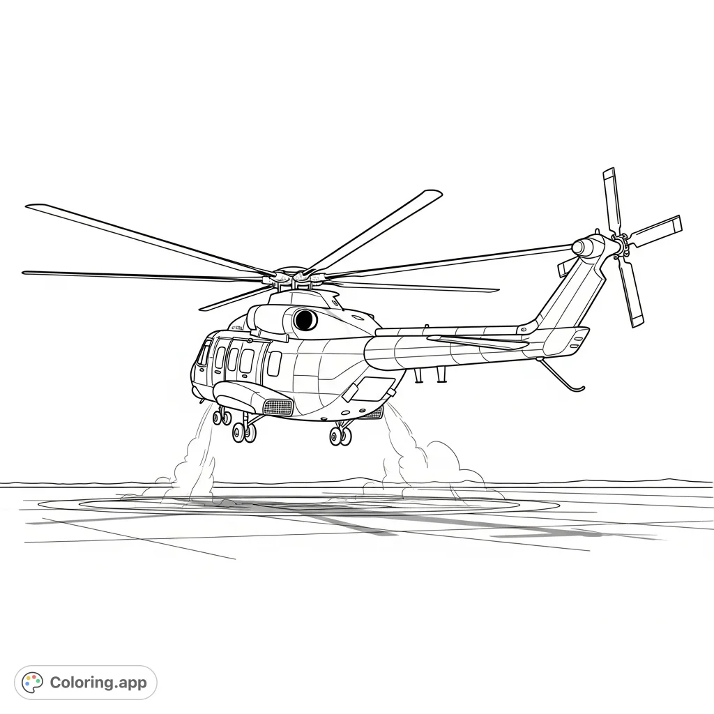 A detailed coloring page featuring a helicopter from a rear view, captured mid-lift-off with its main and tail rotors prominently displayed.