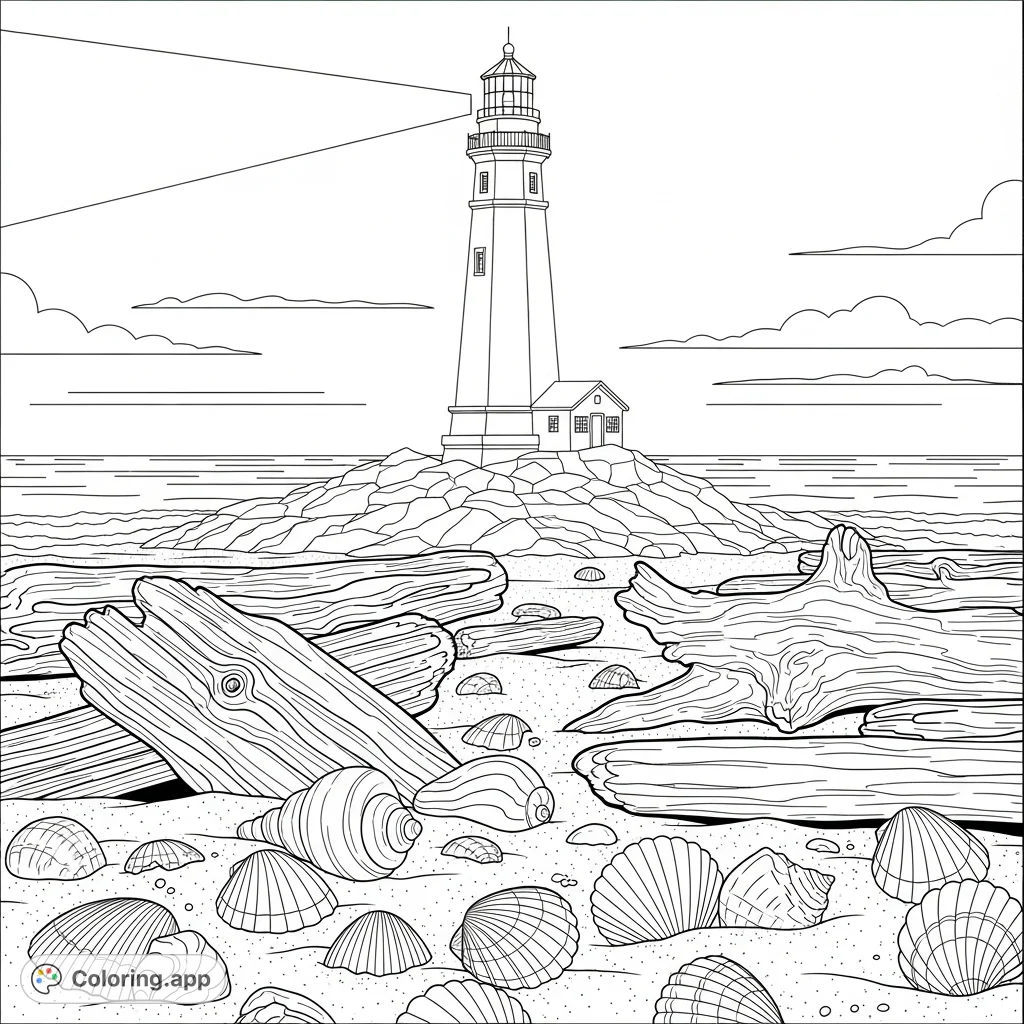 Color a captivating coastal scene featuring a towering lighthouse, a sandy beach adorned with weathered driftwood, and intricate seashells. Perfect for relaxation.