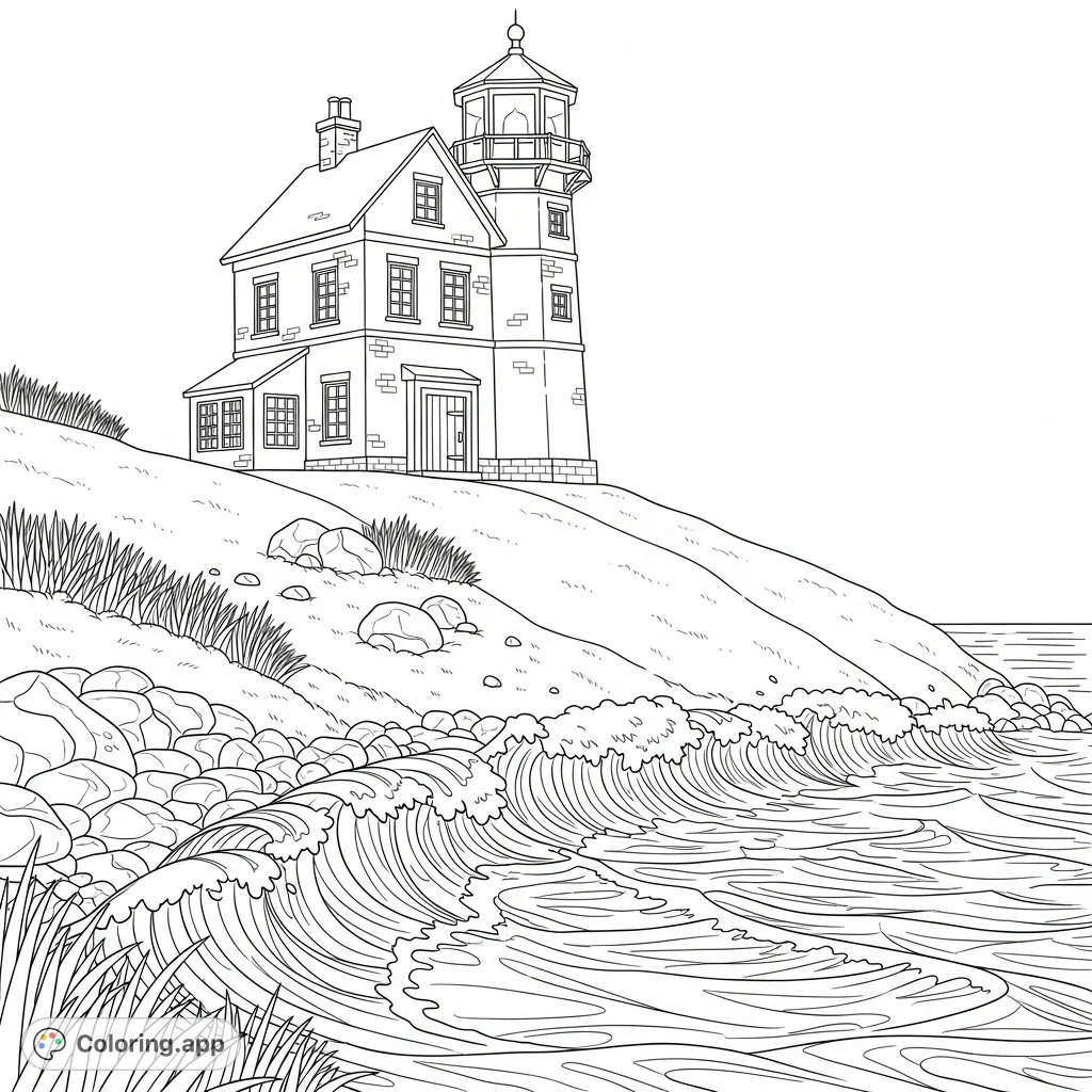 A charming lighthouse-inspired cottage sits on a grassy bluff overlooking dynamic ocean waves and a rocky shore. Perfect for nature lovers!