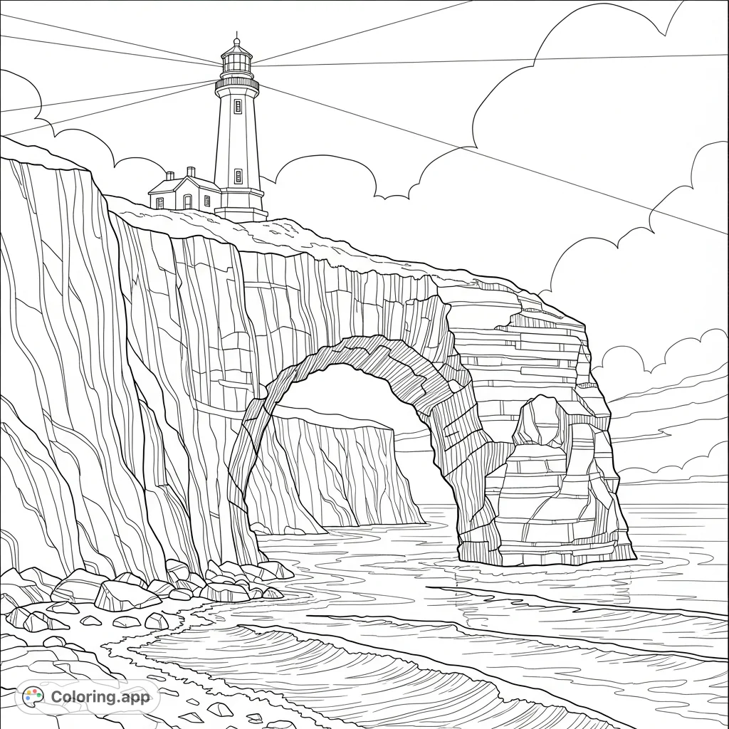 A magnificent lighthouse stands proudly above a dramatic natural stone arch on rugged cliffs, overlooking a vast, open ocean. A serene coastal landscape awaits your artistic touch.