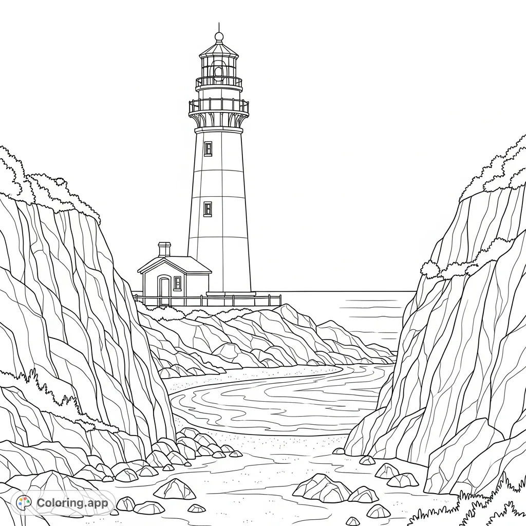 A detailed coloring page featuring a classic lighthouse standing tall over a tranquil cove, framed by rugged cliffs and a peaceful shoreline.