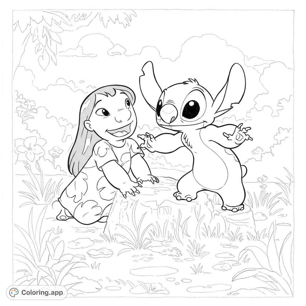 A joyful Lilo and Stitch coloring page, featuring the duo in a playful outdoor scene, perfect for a free printable coloring adventure.