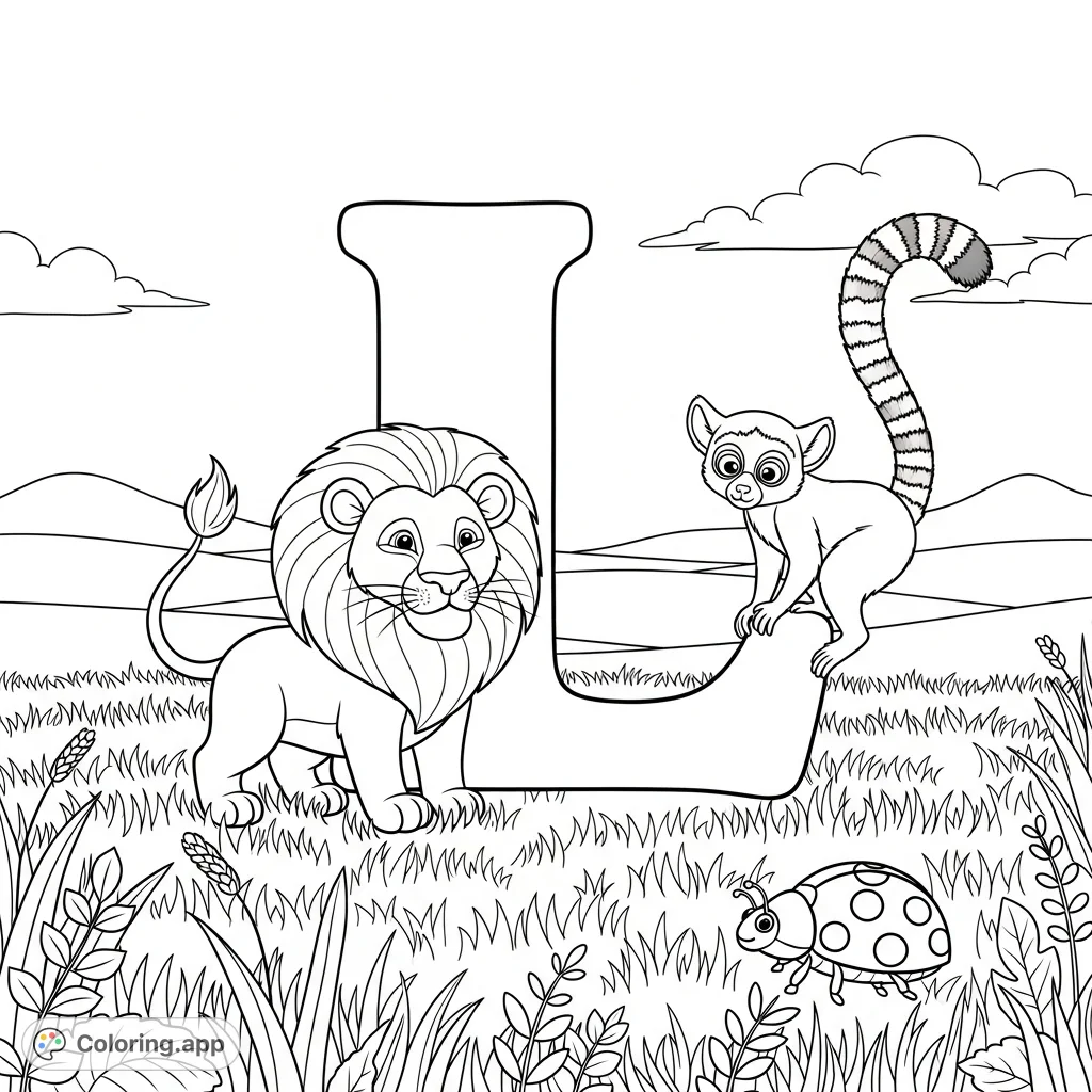 An engaging letter 'L' coloring page featuring a playful lion, a curious lemur, and a tiny ladybug in a scenic field, perfect for learning and fun.