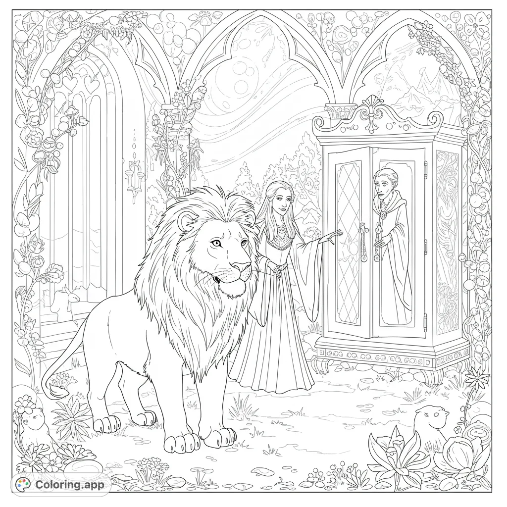 A majestic lion, a woman, and a man emerging from a magical wardrobe in an enchanted garden. A captivating fantasy scene for creative coloring.