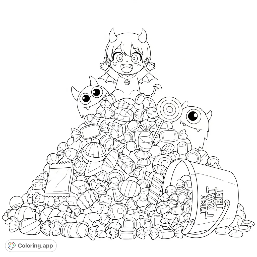 A joyful character in a devil costume sits atop a huge candy pile, with an overturned bucket spilling treats. A friendly monster peeks from behind.