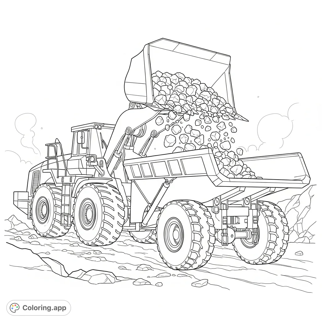 Detailed scene of a large front-end loader actively dumping a load of textured ore into the open bed of a robust articulated dump truck in a quarry setting.