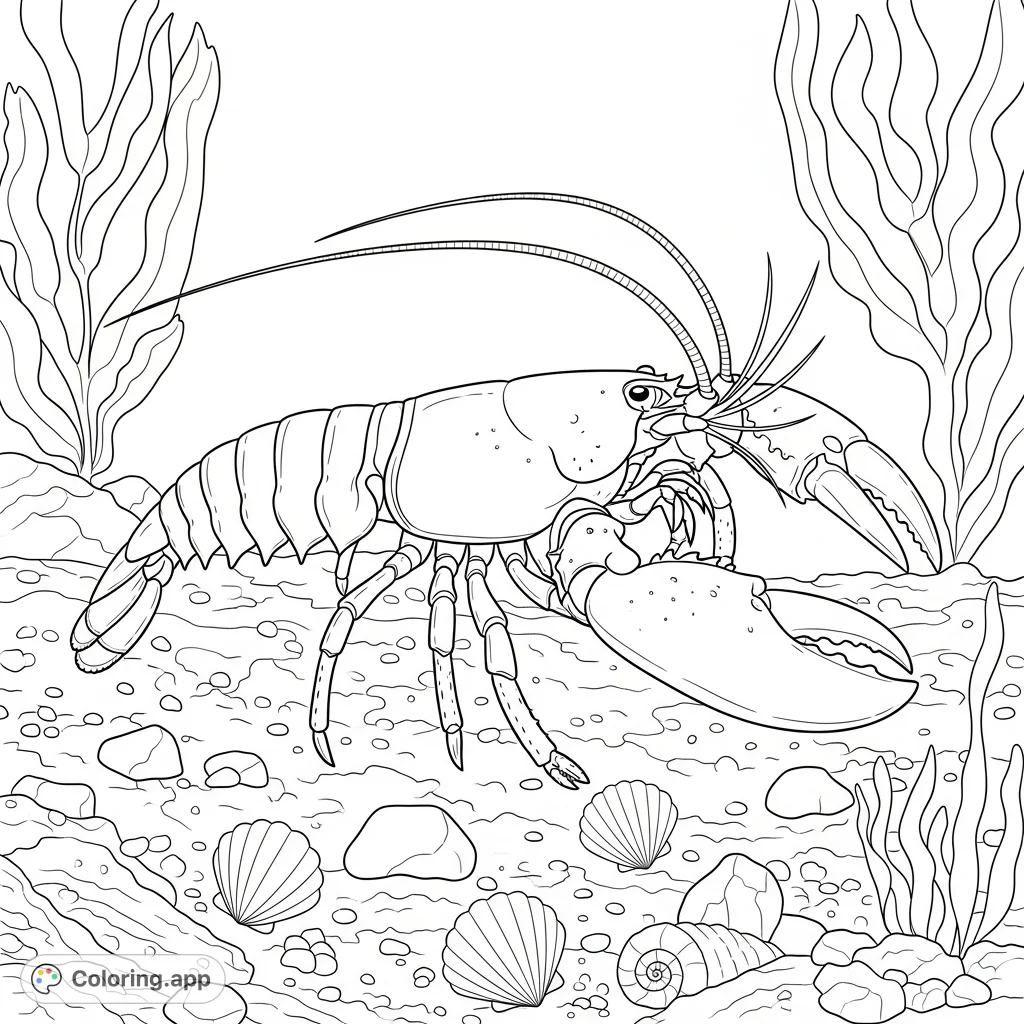 Dive into an underwater world! A detailed lobster crawls across a textured ocean bottom, surrounded by rocks, seashells, and flowing kelp.