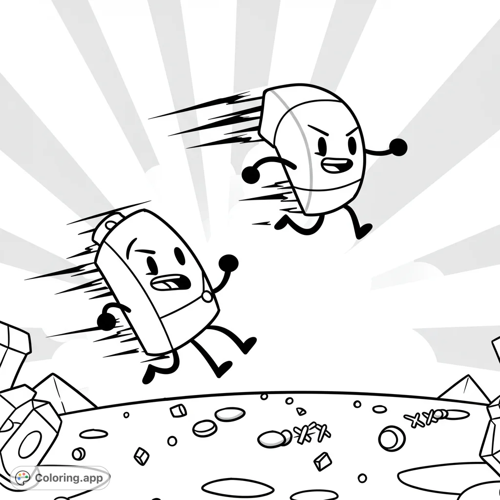A dynamic Battle for Dream Island coloring page featuring Lollipop and Marker in a playful, action-packed scene, perfect for fans of all ages.