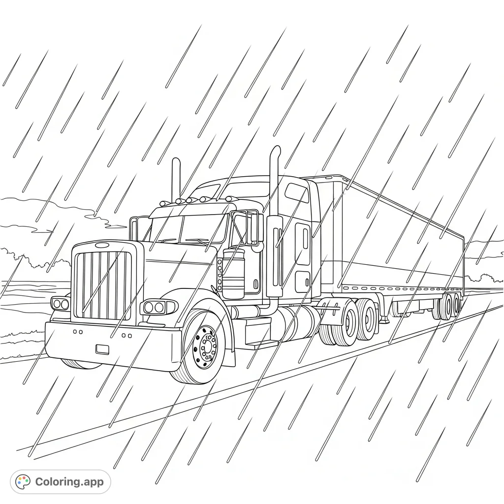 Color a powerful long-haul truck driving through a rainstorm, with raindrops depicted as simple lines. Perfect for vehicle enthusiasts and all ages.