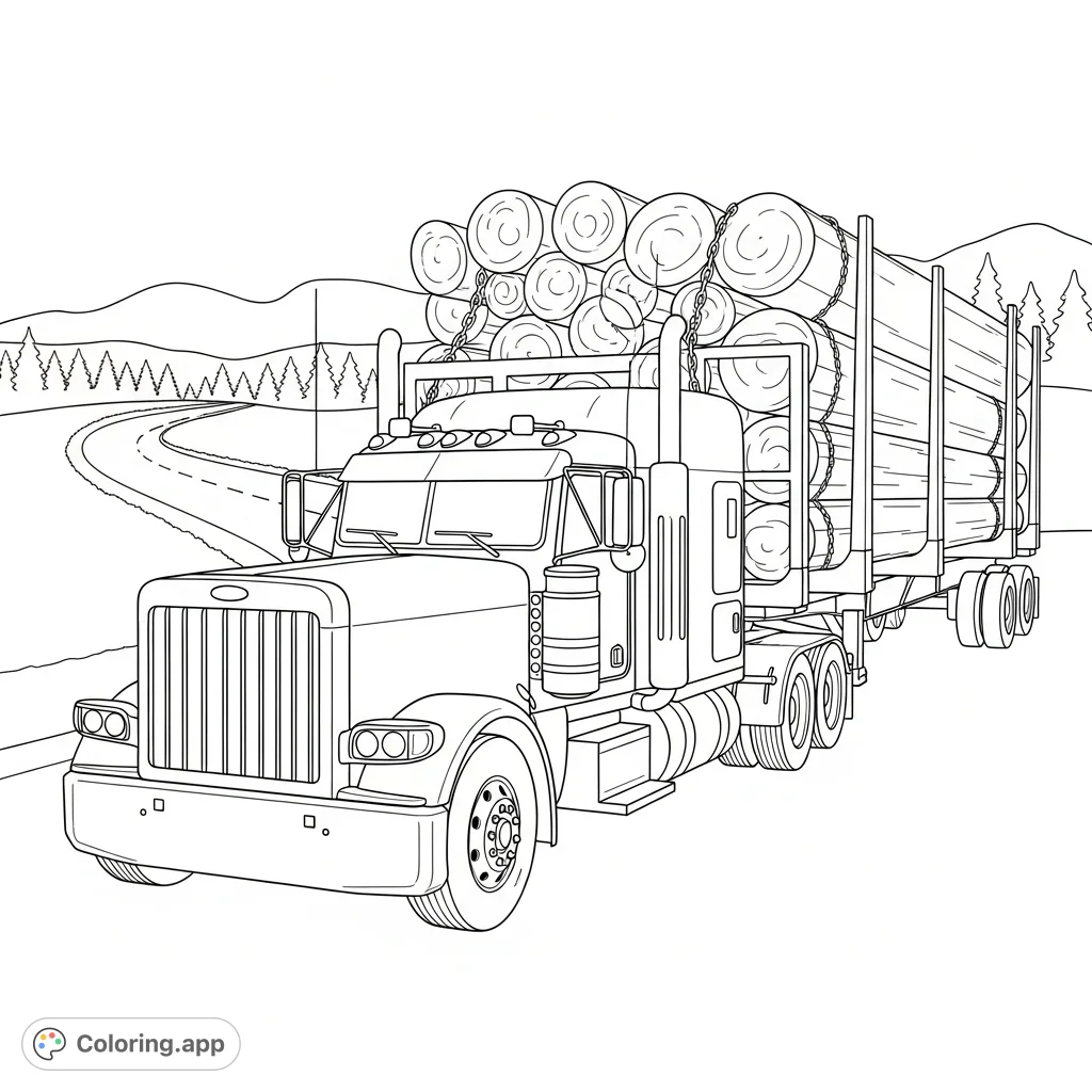 A detailed coloring page featuring a long-nose semi-truck hauling a log trailer filled with simple rounded cylindrical logs, set against a gentle road and forest backdrop.
