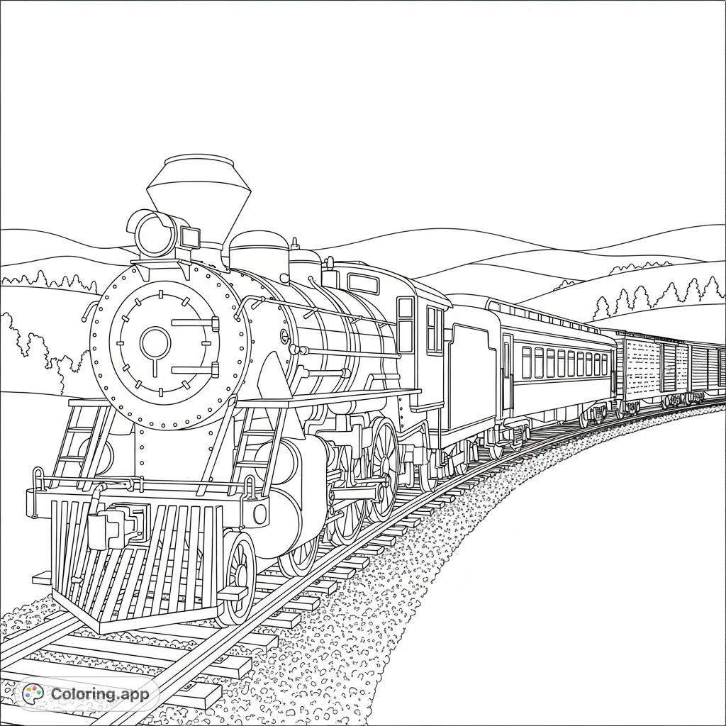 Color a detailed train with a classic locomotive and multiple cars stretching along a winding track into the distance, set against a subtle landscape.
