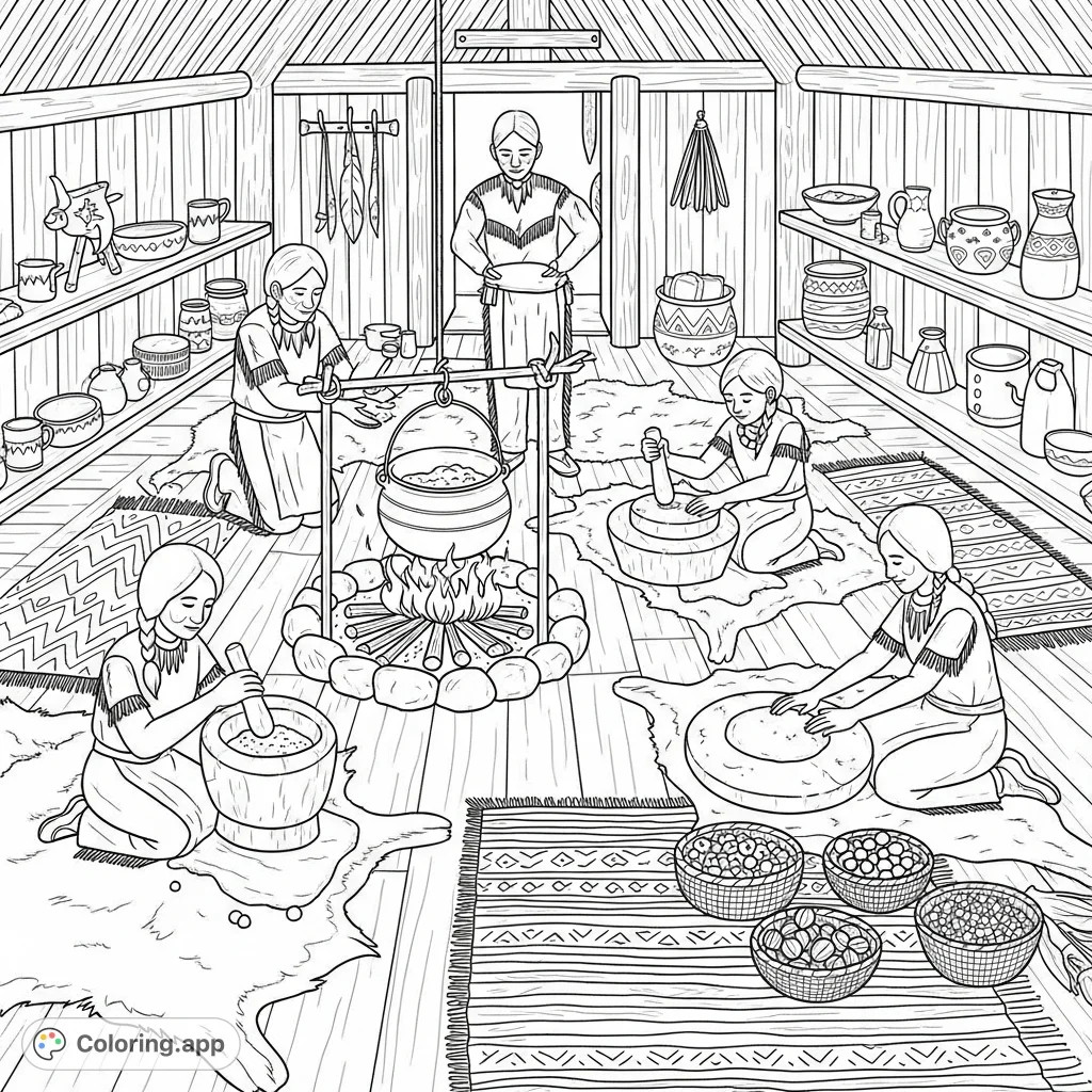 Explore a vibrant Native American longhouse scene, depicting individuals preparing a feast with traditional tools and elements. A cultural coloring page.
