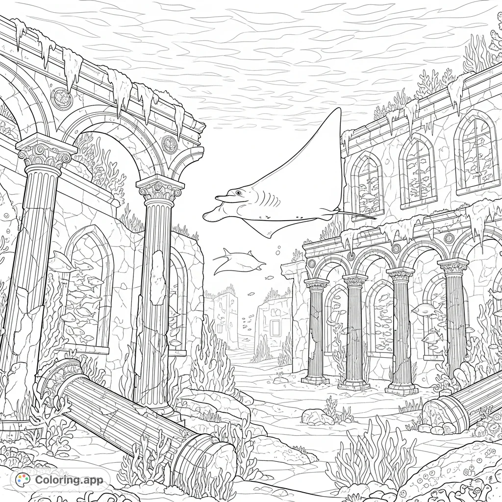 Explore the haunting beauty of a lost underwater city with crumbling columns, archways, and graceful sea life. A majestic manta ray glides silently above ancient ruins.