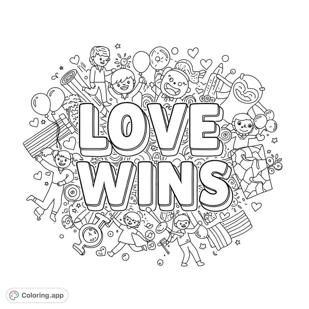 A vibrant 'LOVE WINS' coloring page featuring joyful people, balloons, and flags, celebrating unity and love. Perfect for all ages.