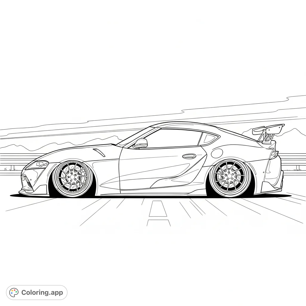 Color a detailed MK5 Supra in profile, featuring a lowered stance, custom wheels, and iconic sports car elements. Perfect for car enthusiasts!