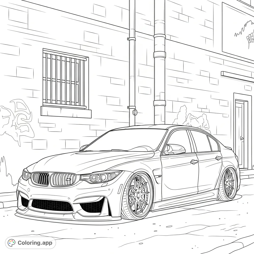 Color a sleek, lowered M3-inspired sedan with deep dish wheels, parked in a gritty urban alley. Intricate details and a dynamic setting await your artistic touch.