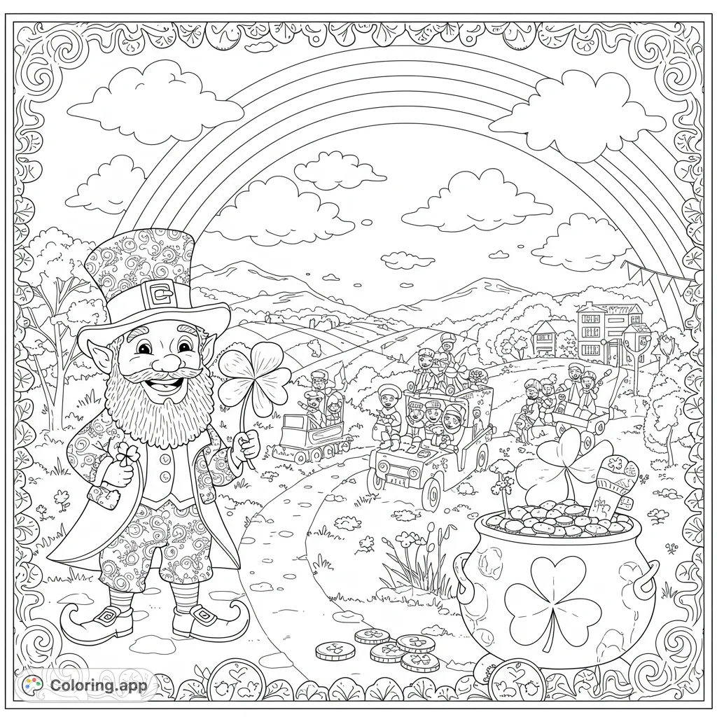 Celebrate St. Patrick's Day with this festive coloring page featuring a cheerful leprechaun, a vibrant rainbow, and a lively parade of figures.