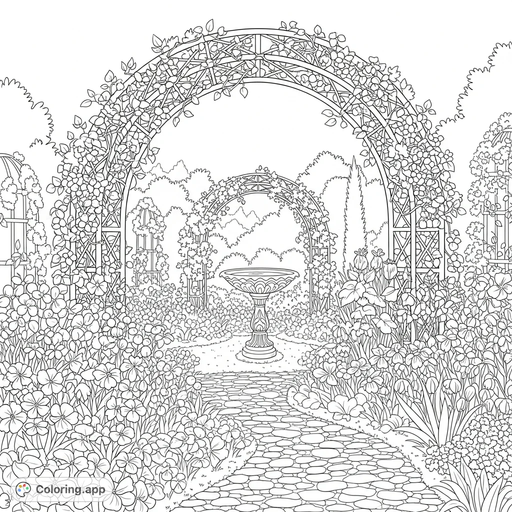 Explore a breathtaking garden coloring page featuring abundant flowers, intricate trellises, an ornate birdbath, and a prominent arching structure, perfect for all ages.