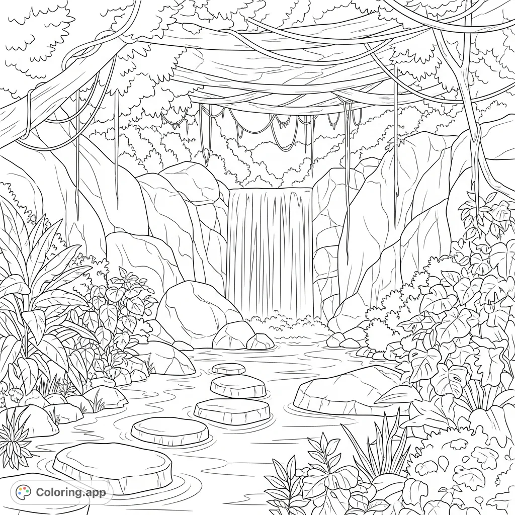 Discover a tranquil waterfall oasis, featuring cascading water, stepping stones, dense foliage, intertwining vines, and a majestic layered canopy.