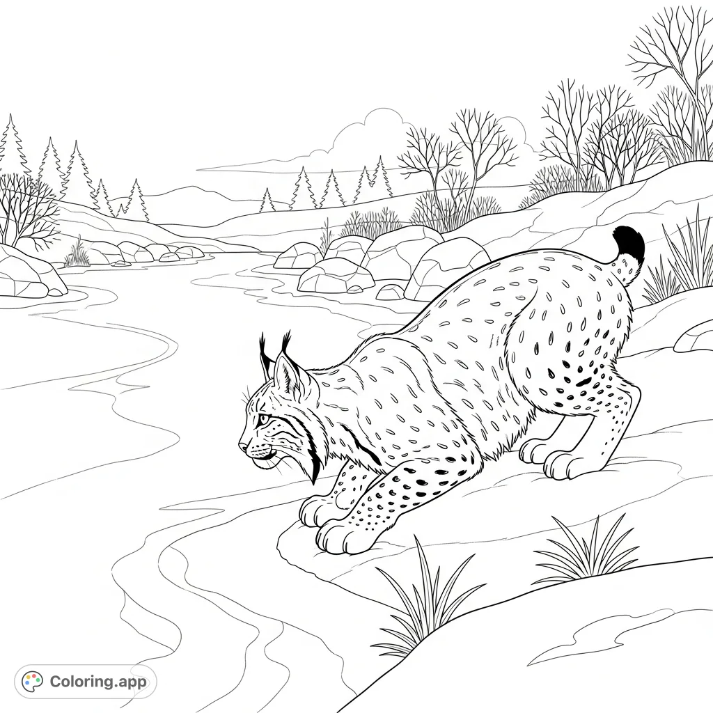 A majestic lynx in a powerful crouch by a frozen stream, surrounded by a serene winter landscape. Intricate details invite mindful coloring.