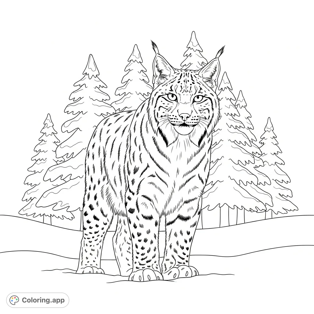 Capture the serene beauty of a lynx in a snowy forest. This detailed page features a majestic lynx with a thick winter coat among simplified pine trees.