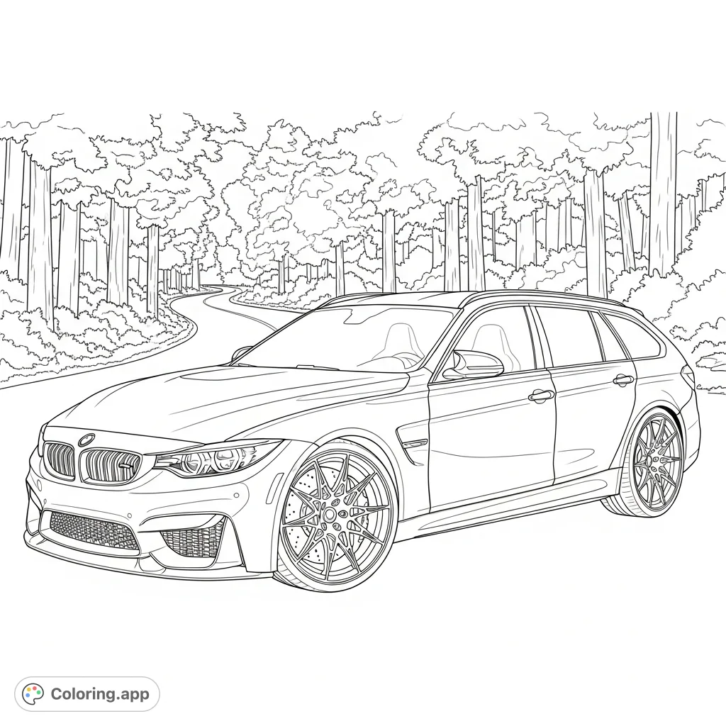A detailed M3 touring concept with performance wheels on a winding forest road, offering a captivating challenge for automotive and nature enthusiasts.