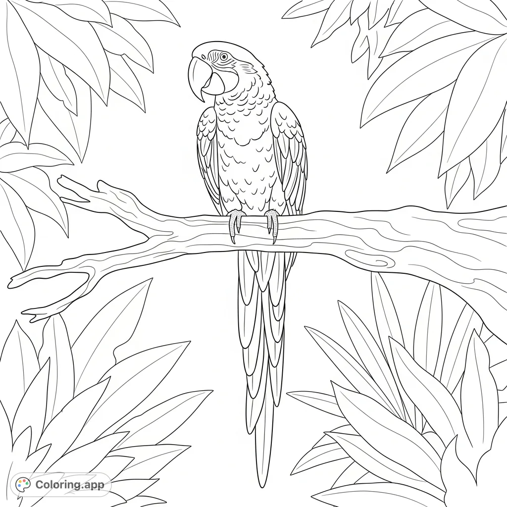 A detailed coloring page of a majestic macaw perched on a gnarled branch, with its long tail feathers draping down against a simplified rainforest backdrop.