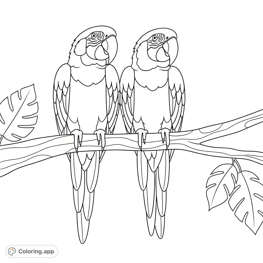 A charming coloring page featuring two macaws perched together on a sturdy tree branch, with simplified overlapping feather shapes for easy coloring.