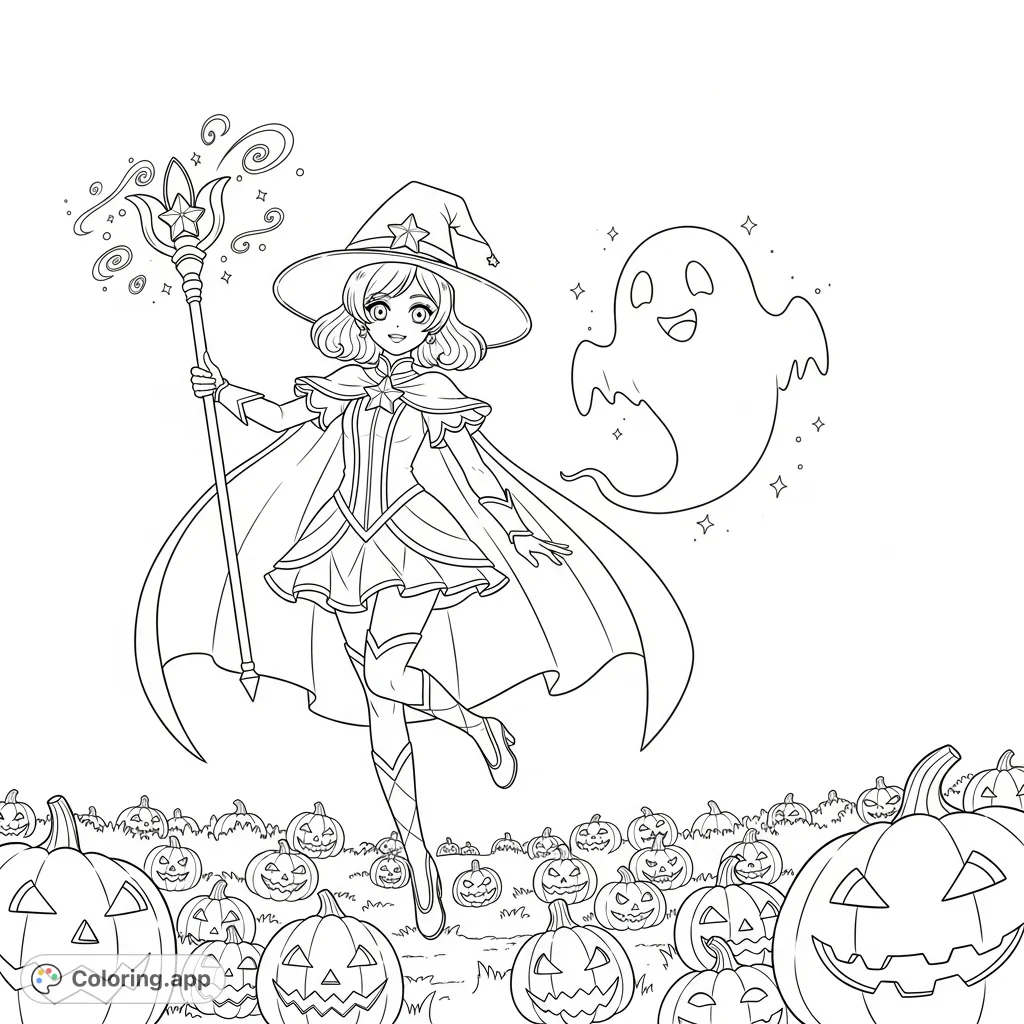 A whimsical magical girl in a star-themed costume floats above glowing pumpkins with a friendly ghost. A charming, free printable magical girl coloring page.