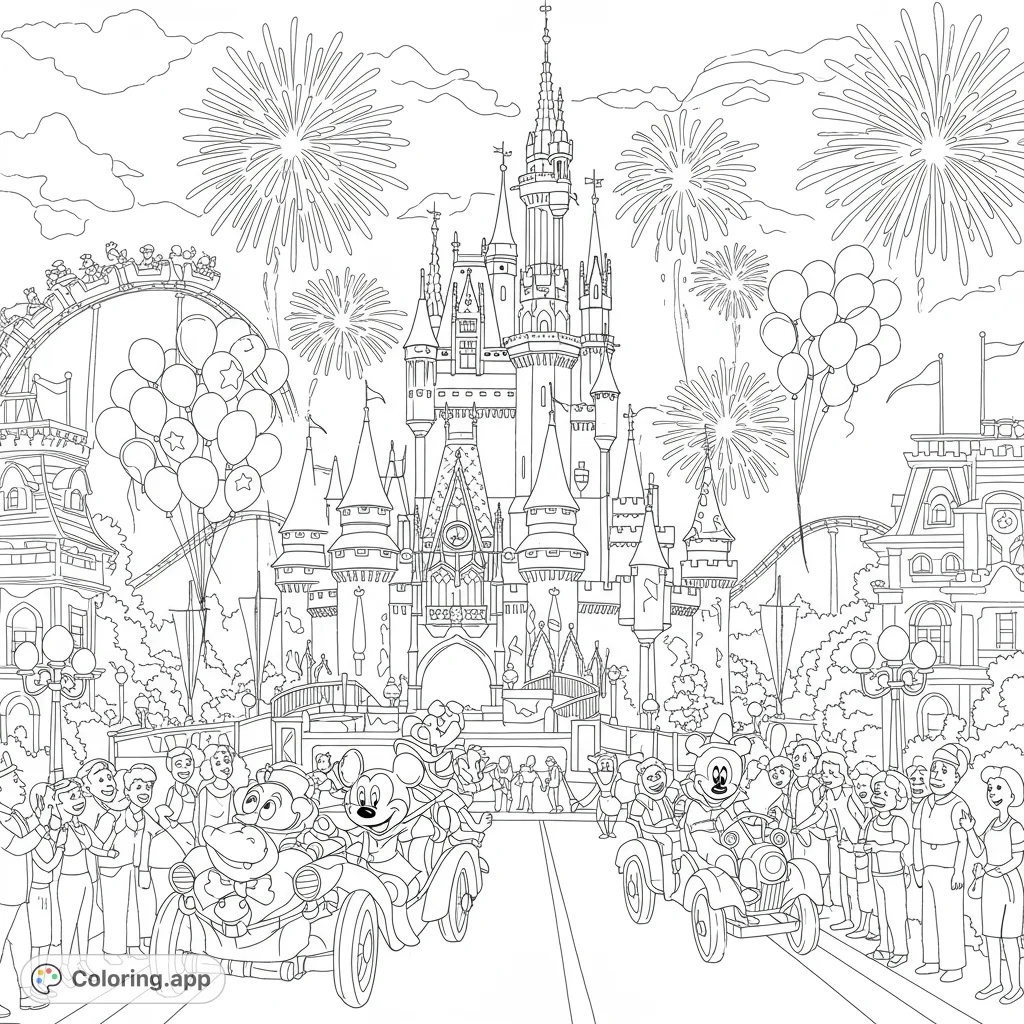 Experience the magic of a theme park parade with iconic characters, a grand castle, and dazzling fireworks in this detailed free printable coloring page.