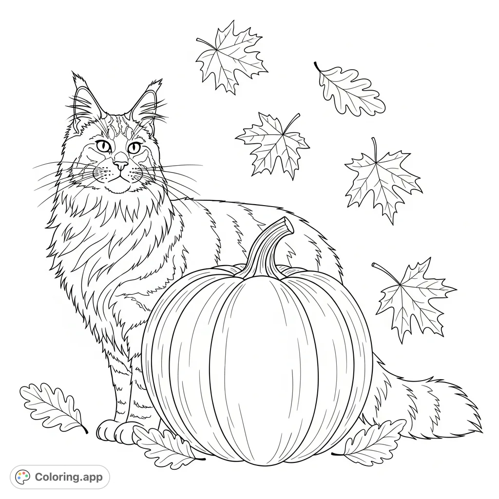 A charming coloring page featuring a regal Maine Coon cat next to a large pumpkin, surrounded by scattered autumn leaves. Perfect for fall enthusiasts.