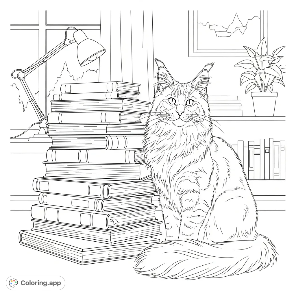 A charming coloring page featuring a regal Maine Coon cat seated beside a stack of books in a cozy, lightly detailed study setting.