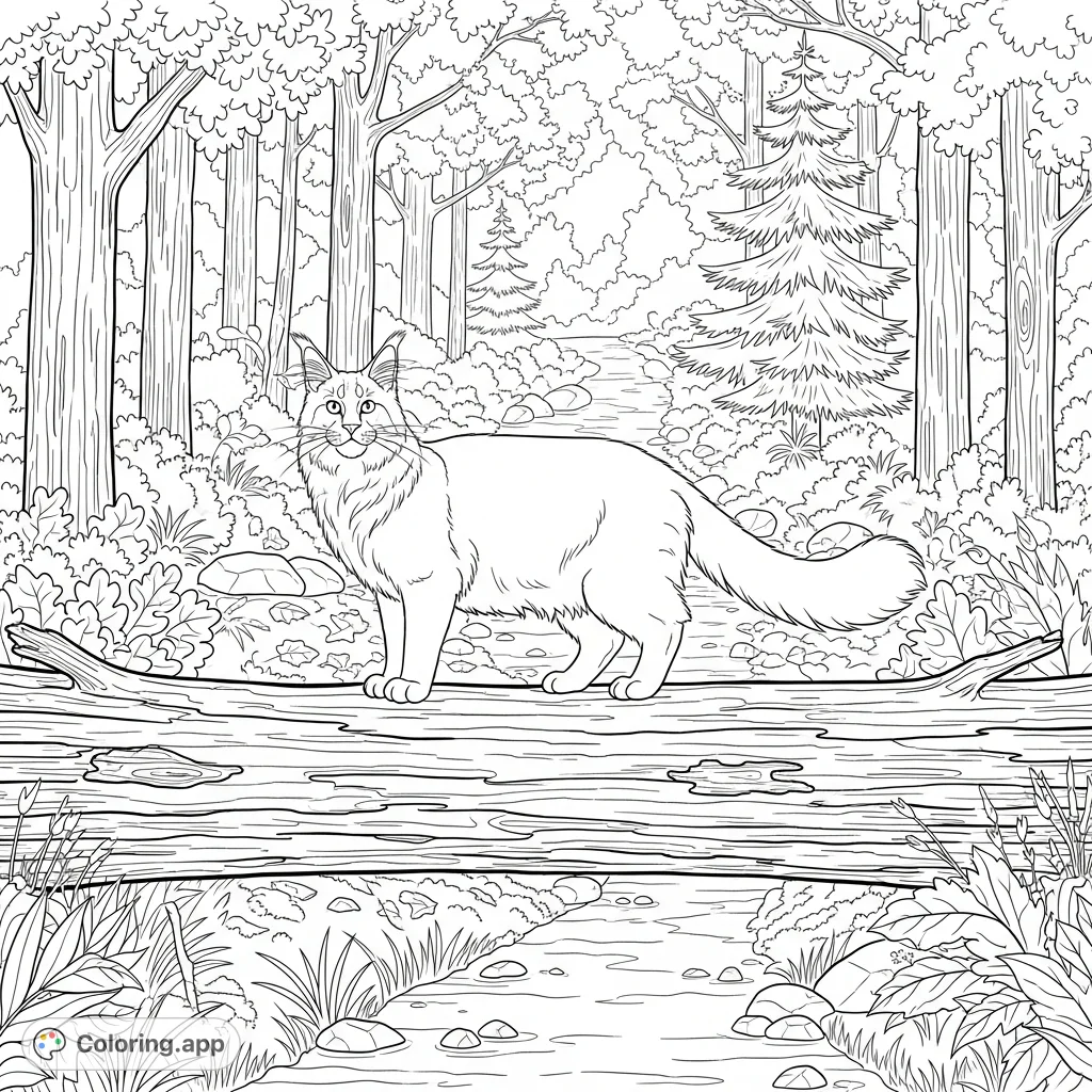 A majestic Maine Coon cat graces a fallen log bridge, with a detailed forest path stretching behind it, inviting nature lovers to explore.