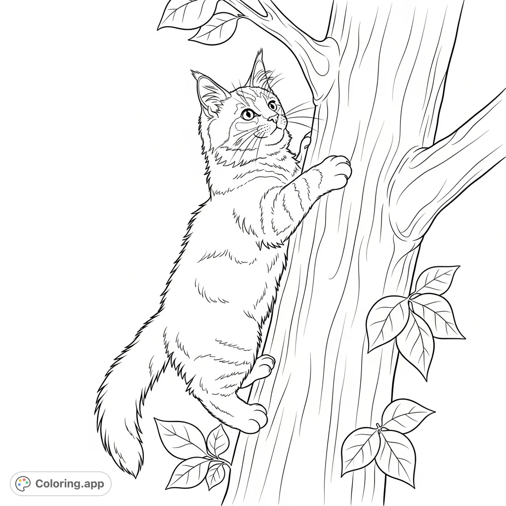 A charming coloring page featuring a playful Maine Coon kitten climbing a textured tree trunk amidst simple leaves. Realistic yet gentle feline anatomy.