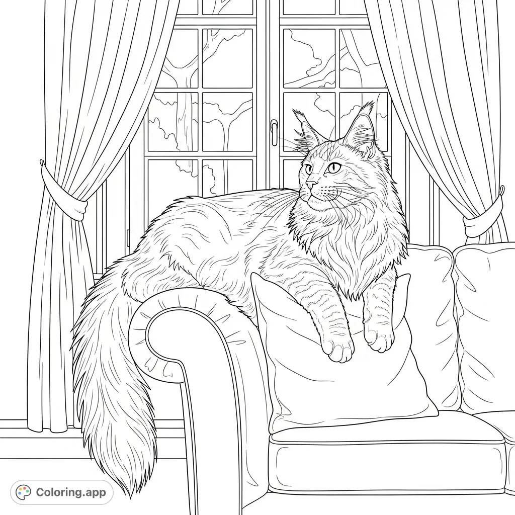 A detailed coloring page featuring a fluffy Maine Coon cat lounging on a sofa armrest, with an ornate window and flowing curtains in the background.