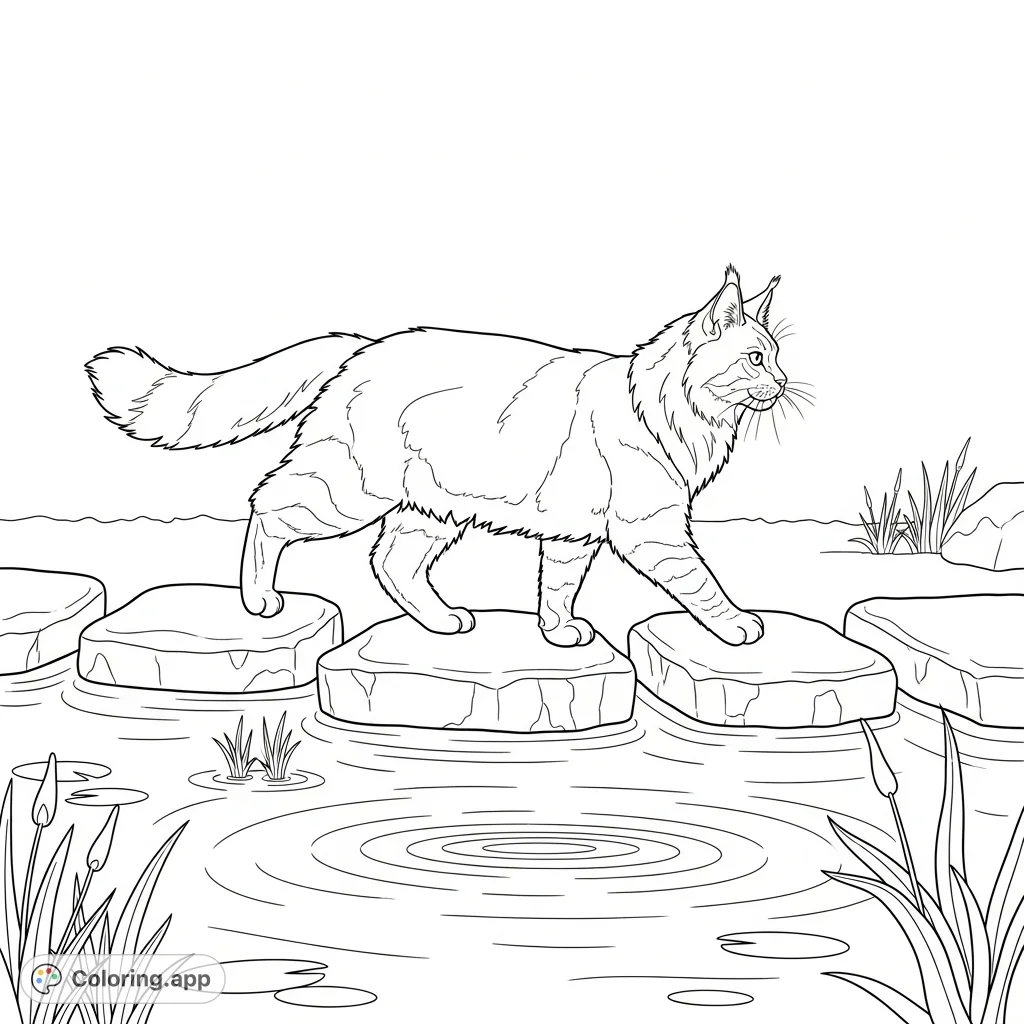 Color a majestic Maine Coon cat gracefully traversing stepping stones over a serene pond, complete with subtle water ripples and surrounding aquatic plants.