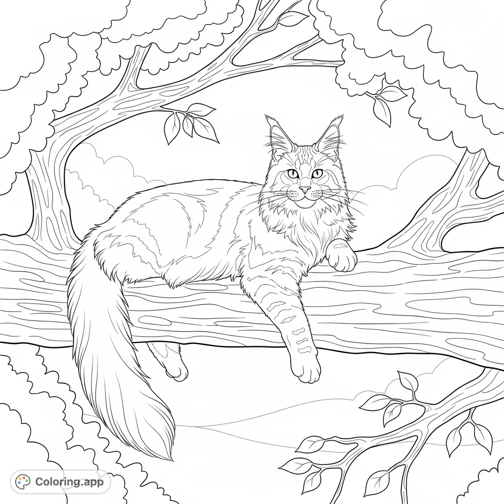 A majestic Maine Coon cat peacefully lounges on a sturdy tree branch, one paw dangling. Simplified foliage creates a serene, inviting nature scene.