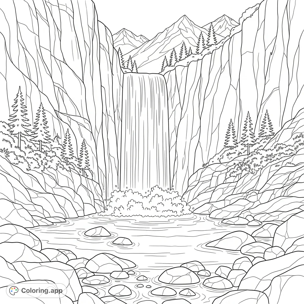 A majestic waterfall tumbles from a towering cliff into a serene, rocky alpine pool. Detailed boulders and mountain flora frame the powerful cascade.