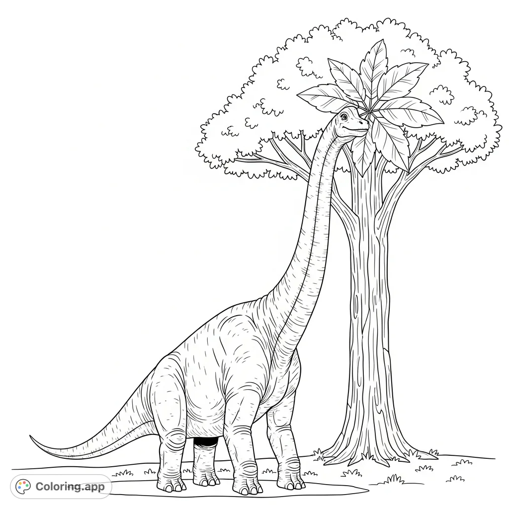 A towering brachiosaurus gently reaches for leaves on a tall tree in a prehistoric scene. This captivating page offers a serene dinosaur encounter for all ages.